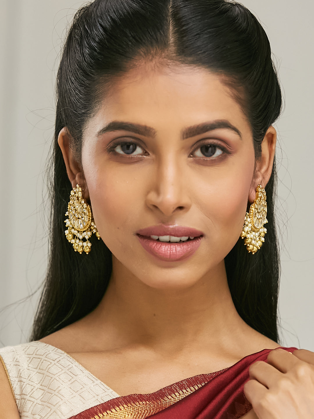 22K Gold-Plated Kundan Stone Studded & Pearl Drop Beaded Crescent Shaped Chandbalis