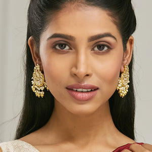 22K Gold-Plated Kundan Stone Studded & Pearl Drop Beaded Crescent Shaped Chandbalis