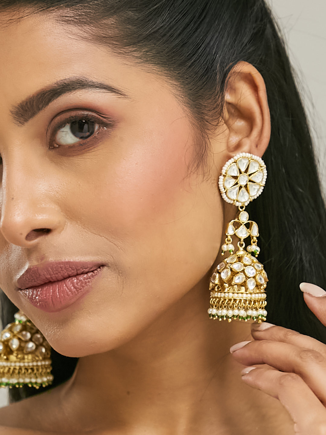 22K Gold-Plated Kundan Stone Studded & Pearl Beaded Dome Shaped Jhumkas