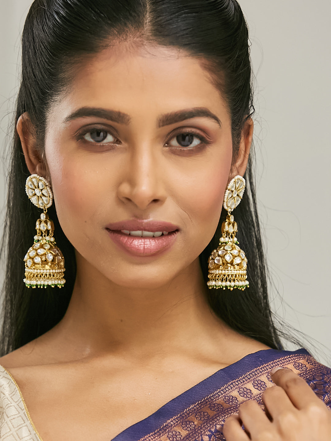 22K Gold-Plated Kundan Stone Studded & Pearl Beaded Dome Shaped Jhumkas