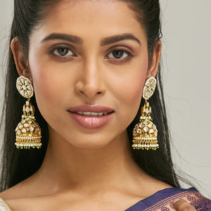 22K Gold-Plated Kundan Stone Studded & Pearl Beaded Dome Shaped Jhumkas