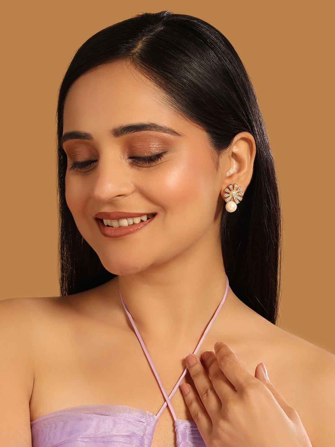 22K Gold-Plated Pearl Drop Zircon Floral Shaped Mini Stud Earrings