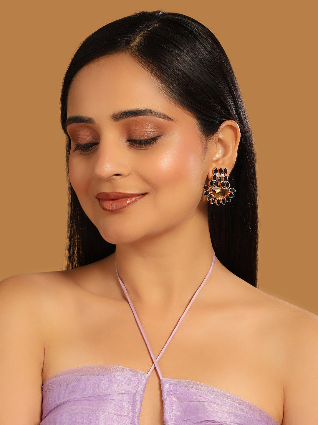 22K Gold Plated Crystal Studded Contemporary Floral Shaped Stud Earrings