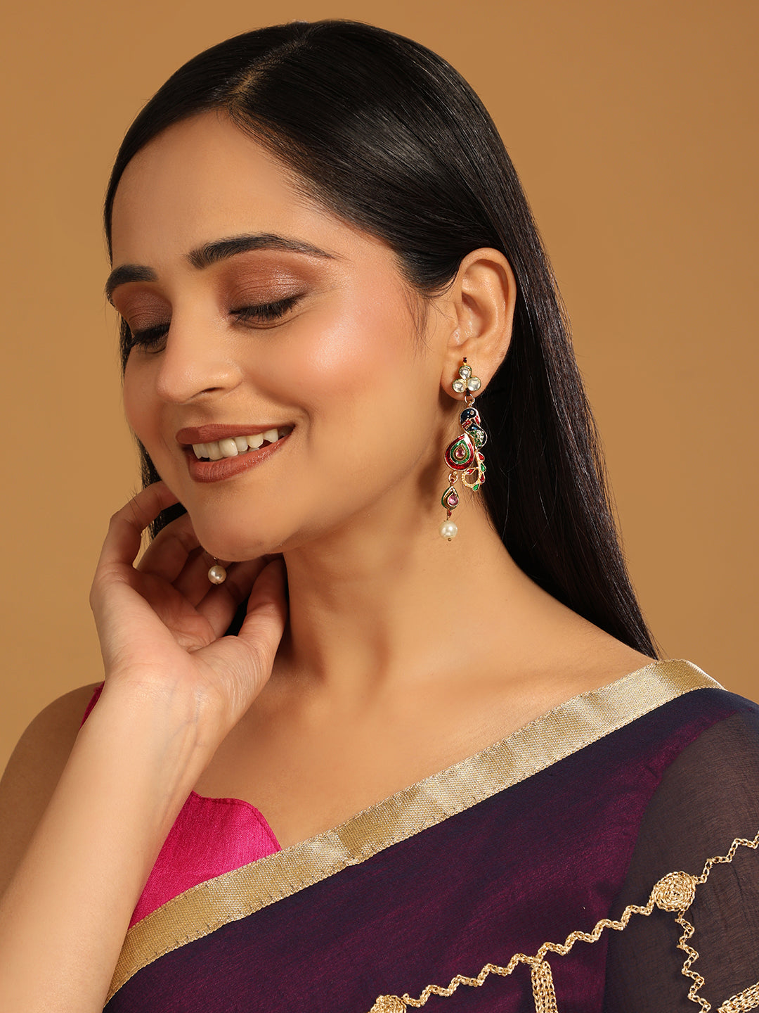 22K Gold Plated Pearl Drop Kundan Studded Ethnic Peacock Shaped Drop Earrings