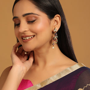22K Gold Plated Pearl Drop Kundan Studded Ethnic Peacock Shaped Drop Earrings