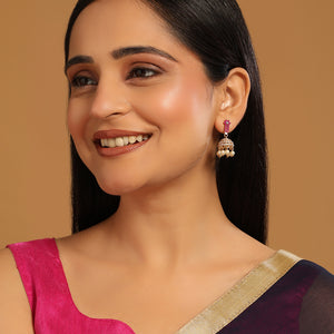 22K Gold Plated Pearl 7 Colored Stone Studded Contemporary Shaped Pink Mini Jhumkas