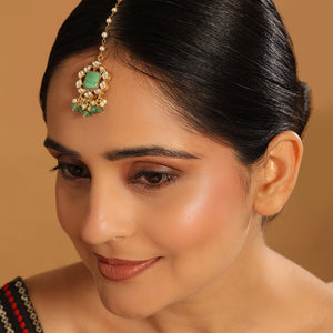 22K Gold-Plated Kundan & Green Stone Embellished Maang Tikka Head Jewellery
