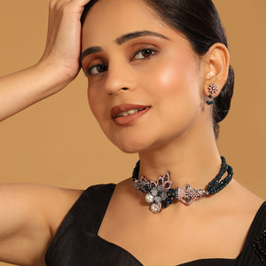 22K Gold-Plated Semi Precious Blue Beads & Zircon Studded Pearl Embellished Choker Necklace Set
