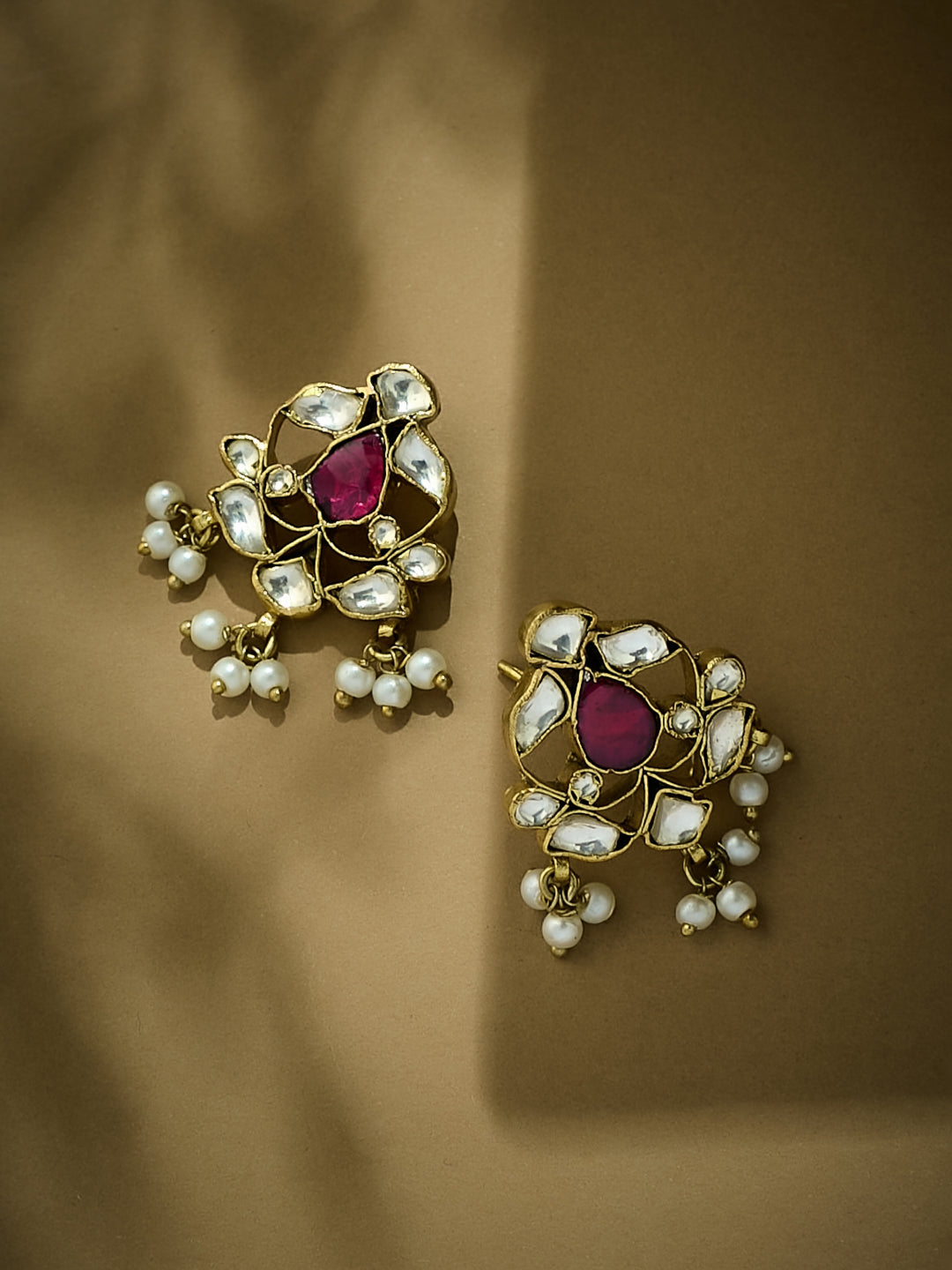 22K Gold-Plated Elegant Kundan & Ruby Stone Studded & Beaded Studs
