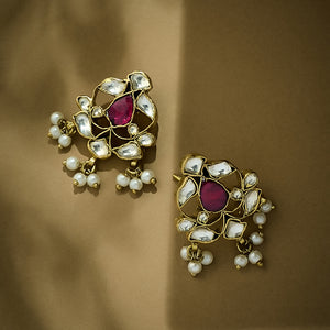 22K Gold-Plated Elegant Kundan & Ruby Stone Studded & Beaded Studs