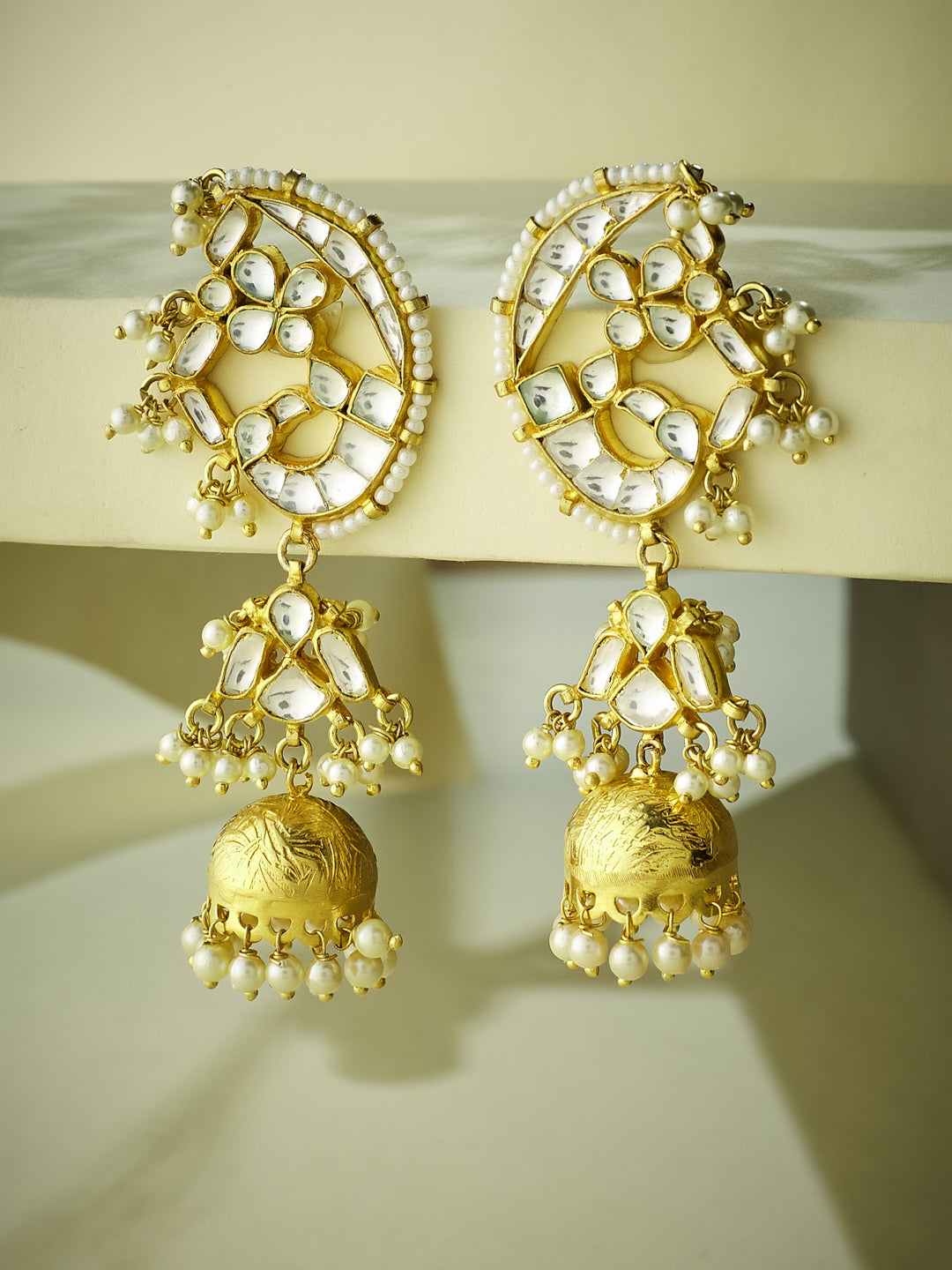 22K Gold-Plated Elegant Kundan Stone Studded & Pearl Drops Mini Jhumki Dangler Earrings