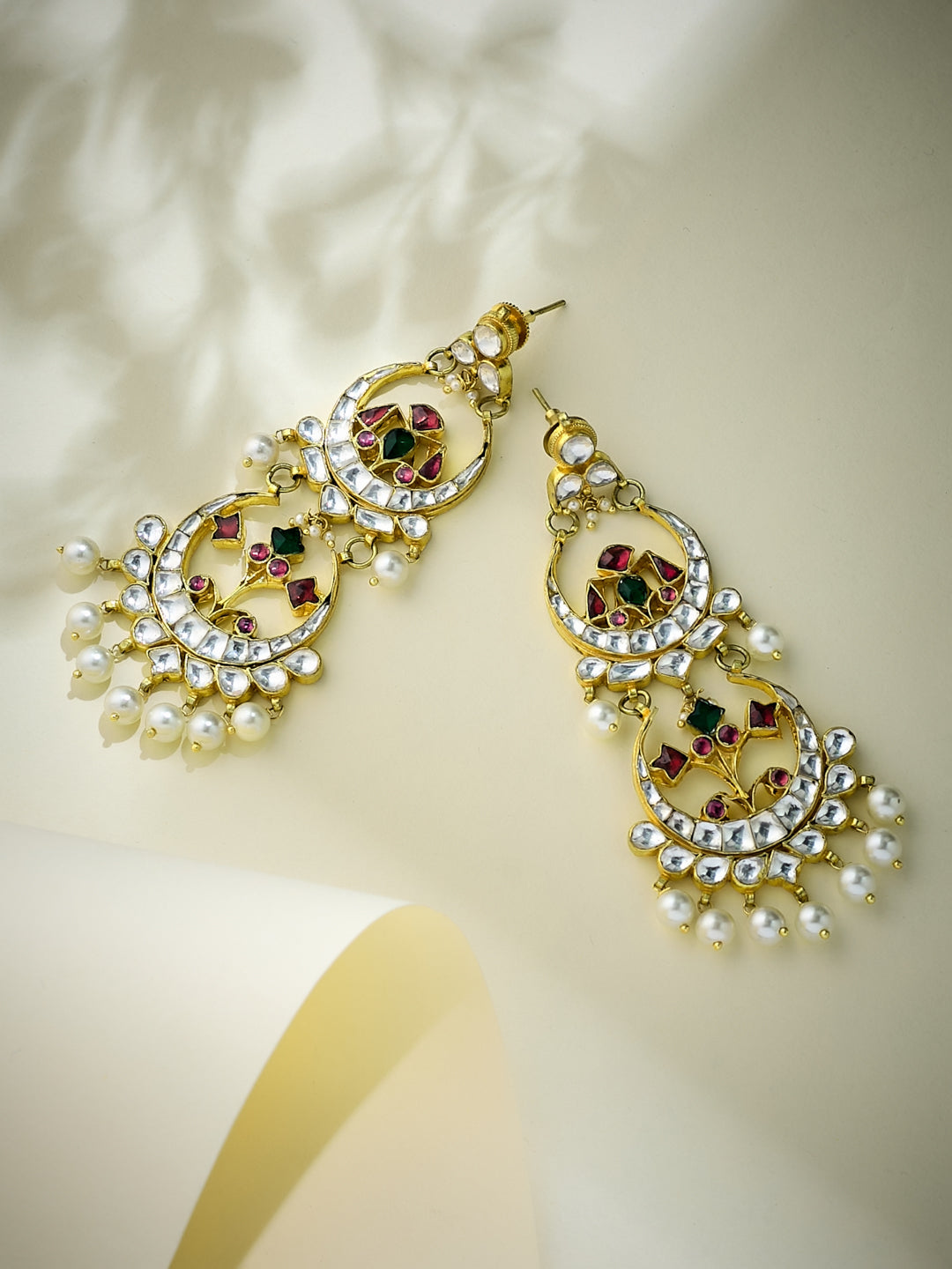 22K Gold-Plated Kundan Stone Studded & Pearl Beaded Layered Chandbalis
