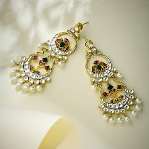 22K Gold-Plated Kundan Stone Studded & Pearl Beaded Layered Chandbalis