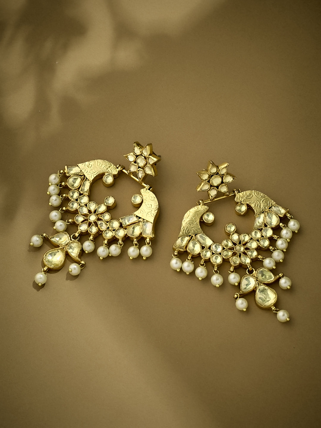 22K Gold-Plated Kundan and Pearl Earrings with Floral Stud and Intricate Crescent Design Chandbalis