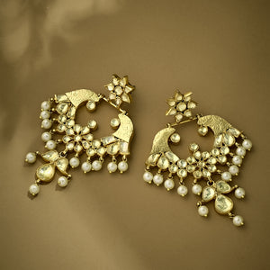22K Gold-Plated Kundan and Pearl Earrings with Floral Stud and Intricate Crescent Design Chandbalis