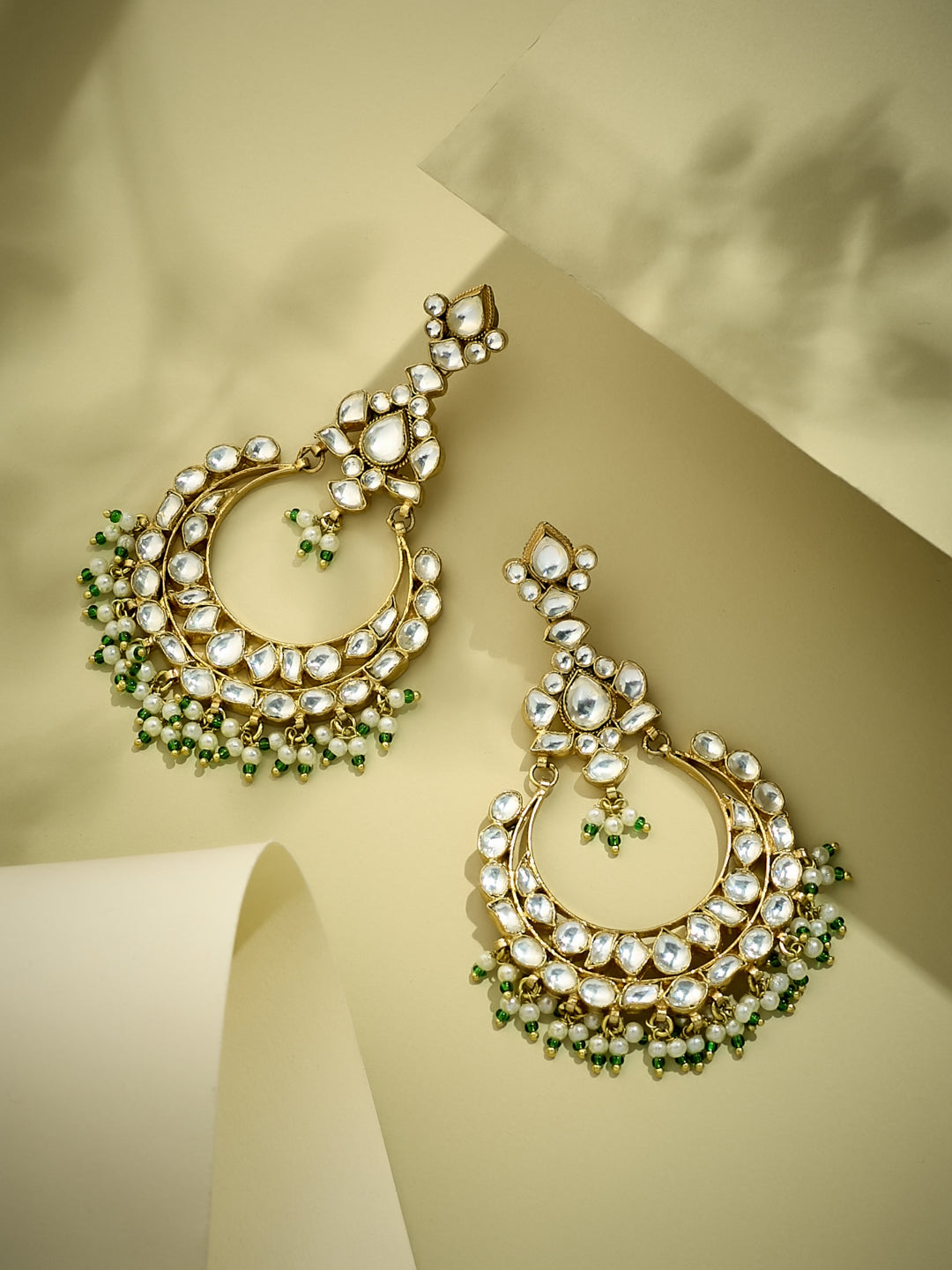 22K Gold-Plated Elegant Kundan Studded & Beaded Floral Chandbali Earrings