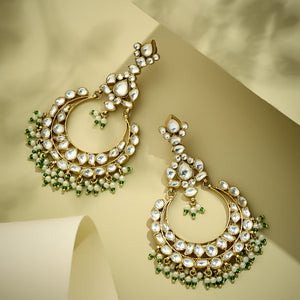 22K Gold-Plated Elegant Kundan Studded & Beaded Floral Chandbali Earrings