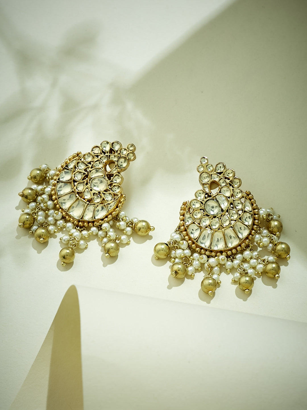 22K Gold-Plated Kundan Stone Studded & Pearl Drop Beaded Crescent Shaped Chandbalis
