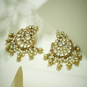 22K Gold-Plated Kundan Stone Studded & Pearl Drop Beaded Crescent Shaped Chandbalis