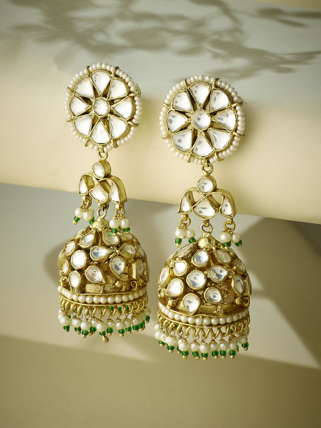 22K Gold-Plated Kundan Stone Studded & Pearl Beaded Dome Shaped Jhumkas