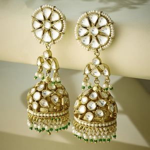 22K Gold-Plated Kundan Stone Studded & Pearl Beaded Dome Shaped Jhumkas