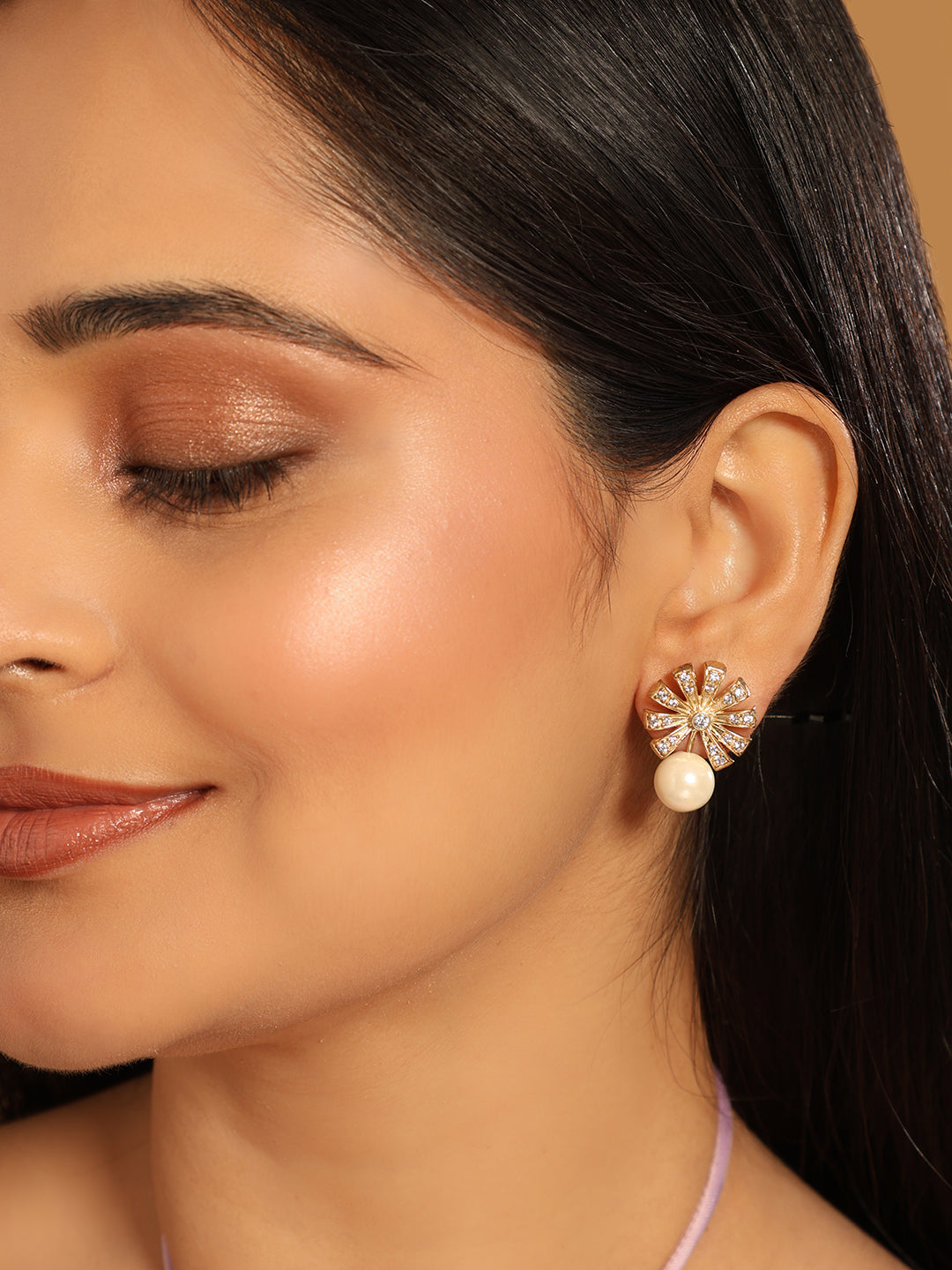 22K Gold-Plated Pearl Drop Zircon Floral Shaped Mini Stud Earrings