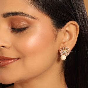 22K Gold-Plated Pearl Drop Zircon Floral Shaped Mini Stud Earrings