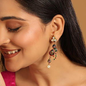 22K Gold Plated Pearl Drop Kundan Studded Ethnic Peacock Shaped Drop Earrings