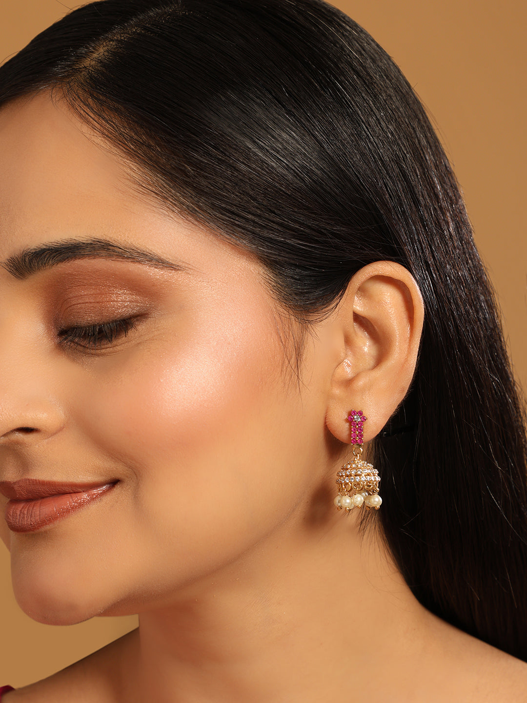 22K Gold Plated Pearl 7 Colored Stone Studded Contemporary Shaped Pink Mini Jhumkas