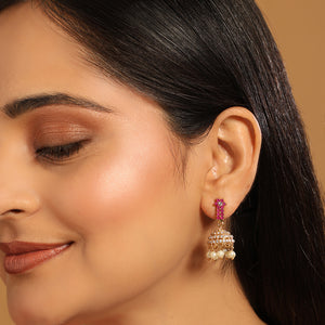 22K Gold Plated Pearl 7 Colored Stone Studded Contemporary Shaped Pink Mini Jhumkas
