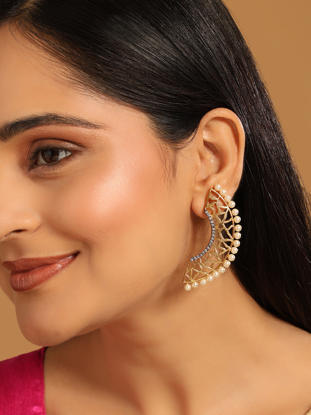 22K Gold-Plated Zircon Studded & Pearl Beaded Contemporary Shaped Statement Stud Earrings