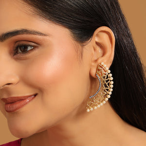 22K Gold-Plated Zircon Studded & Pearl Beaded Contemporary Shaped Statement Stud Earrings