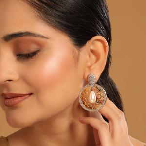 22K Gold Plated Cubic Zirconia Studded Contemporary Moon Shaped Pearl Drop Chandbalis
