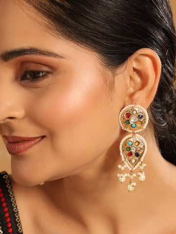 22K Gold Plated Navratan Kundan Studded Traditional Petal Motif Drop Dangler Earrings