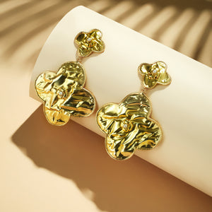 18k Gold-Plated Contemporary Molten Metallic Finish Floral Drop Dangler Earrings