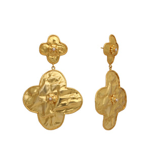 18k Gold-Plated Contemporary Molten Metallic Finish Floral Drop Dangler Earrings