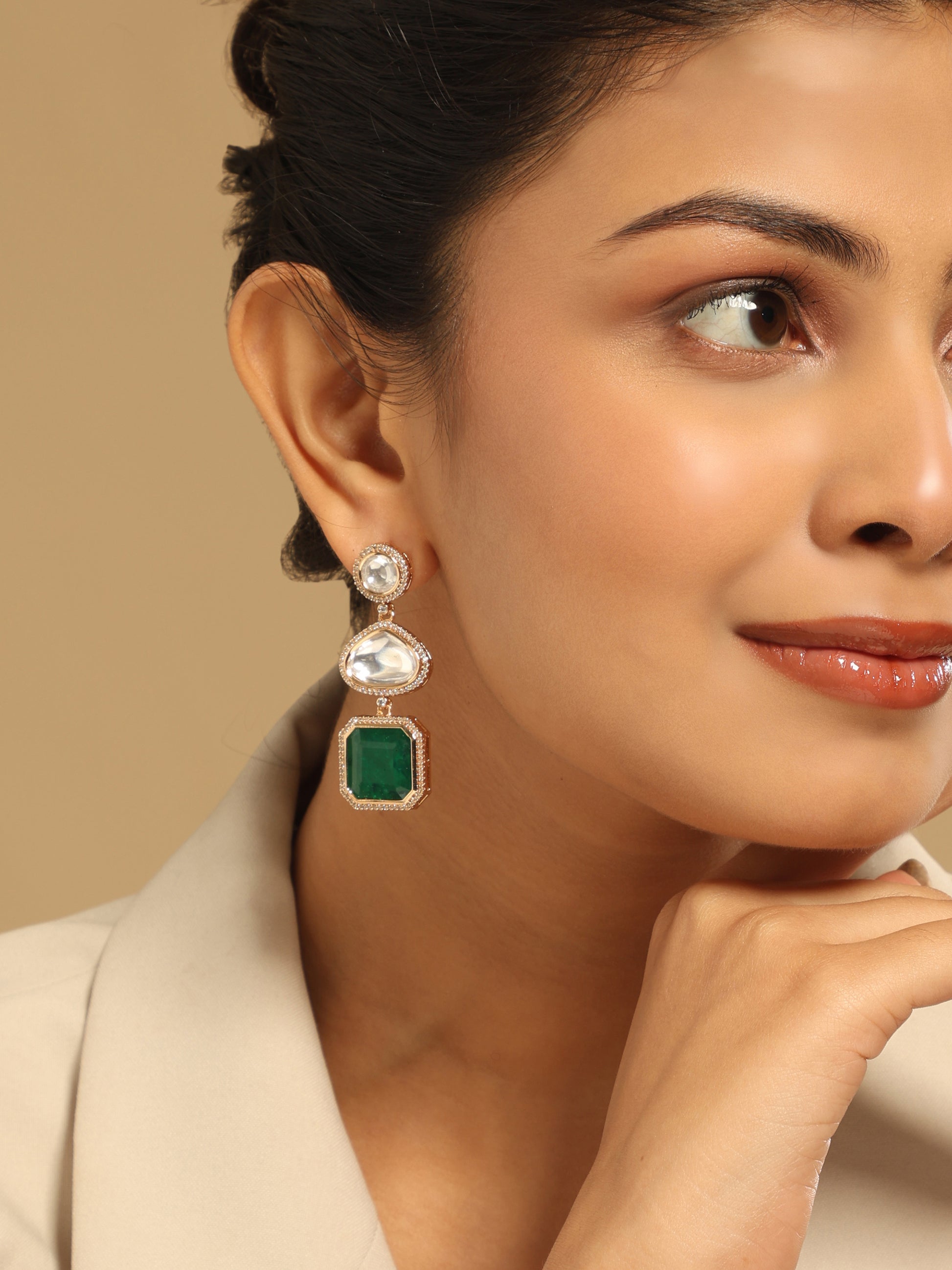 22K Gold-Plated Faux Emerald Stone & Kundan Studded Contemporary Triple Layer Drop Earrings