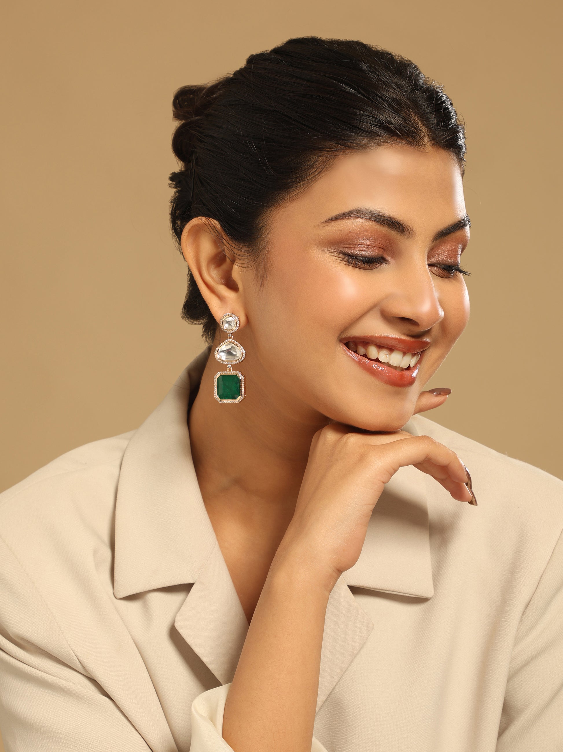 22K Gold-Plated Faux Emerald Stone & Kundan Studded Contemporary Triple Layer Drop Earrings