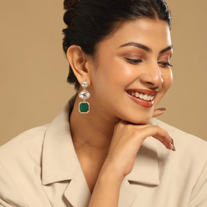 22K Gold-Plated Faux Emerald Stone & Kundan Studded Contemporary Triple Layer Drop Earrings
