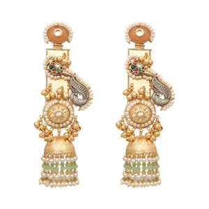 Gold-Toned Semi Precious Stone Studded And Pearl Beaded Anti Tarnish Peacock Motif Statement Dangler Ghunghroo Earrings