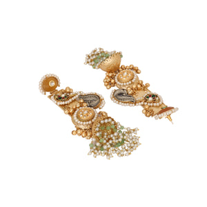 Gold-Toned Semi Precious Stone Studded And Pearl Beaded Anti Tarnish Peacock Motif Statement Dangler Ghunghroo Earrings